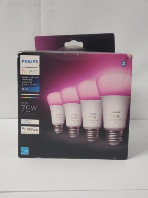 Philips Hue 4-Pack White and Color A19 Medium Lumen Smart Bulb  1100 Lumens  Bluetooth & Zigbee Compatible (Hue Hub Optional)  Compatible with Alexa &