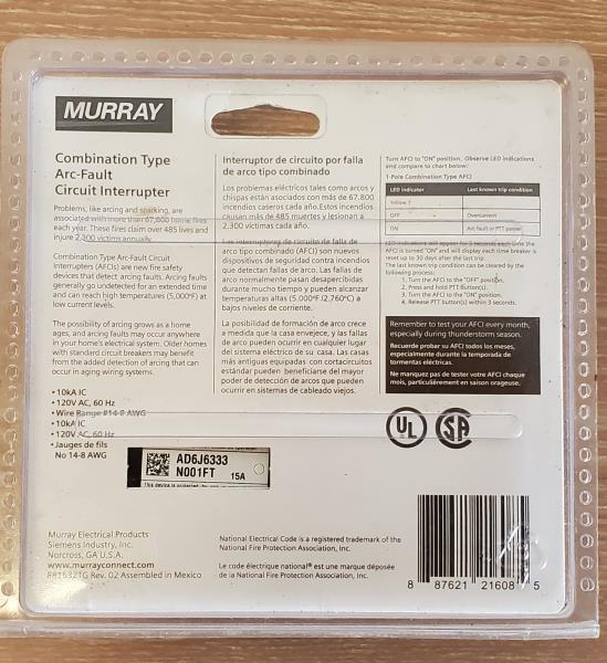 Siemens Mpa115afcp Combination Single Arc Fault Breaker, 15 Amps, 120 Volts