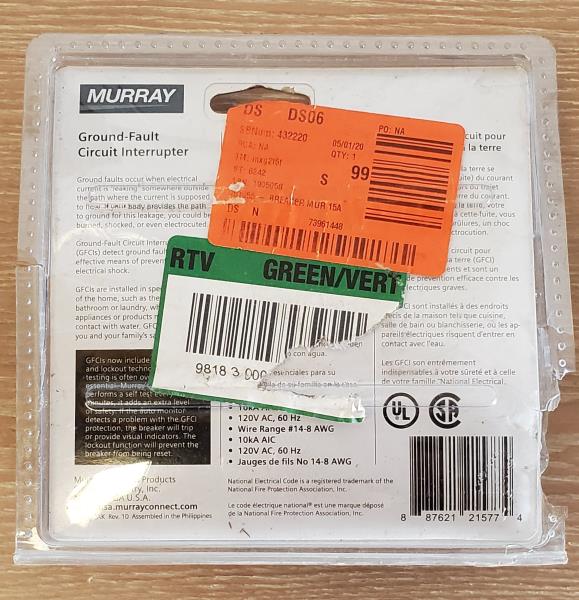 Murray 15 Amp Single Pole Type MP-GT2 GFCI Circuit Breaker