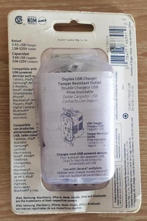 3.6A USB Dual Type a in-Wall Charger with 15 Amp Tamper-Resistant Outlets, Ivory