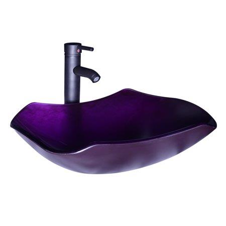 Walcut Purple Irregular Shape Tempered Glass Bathroom Vessel Sink Without Overflow  Equipped with Oil Rubbed Bronze Faucet Pop-up Drain Combo